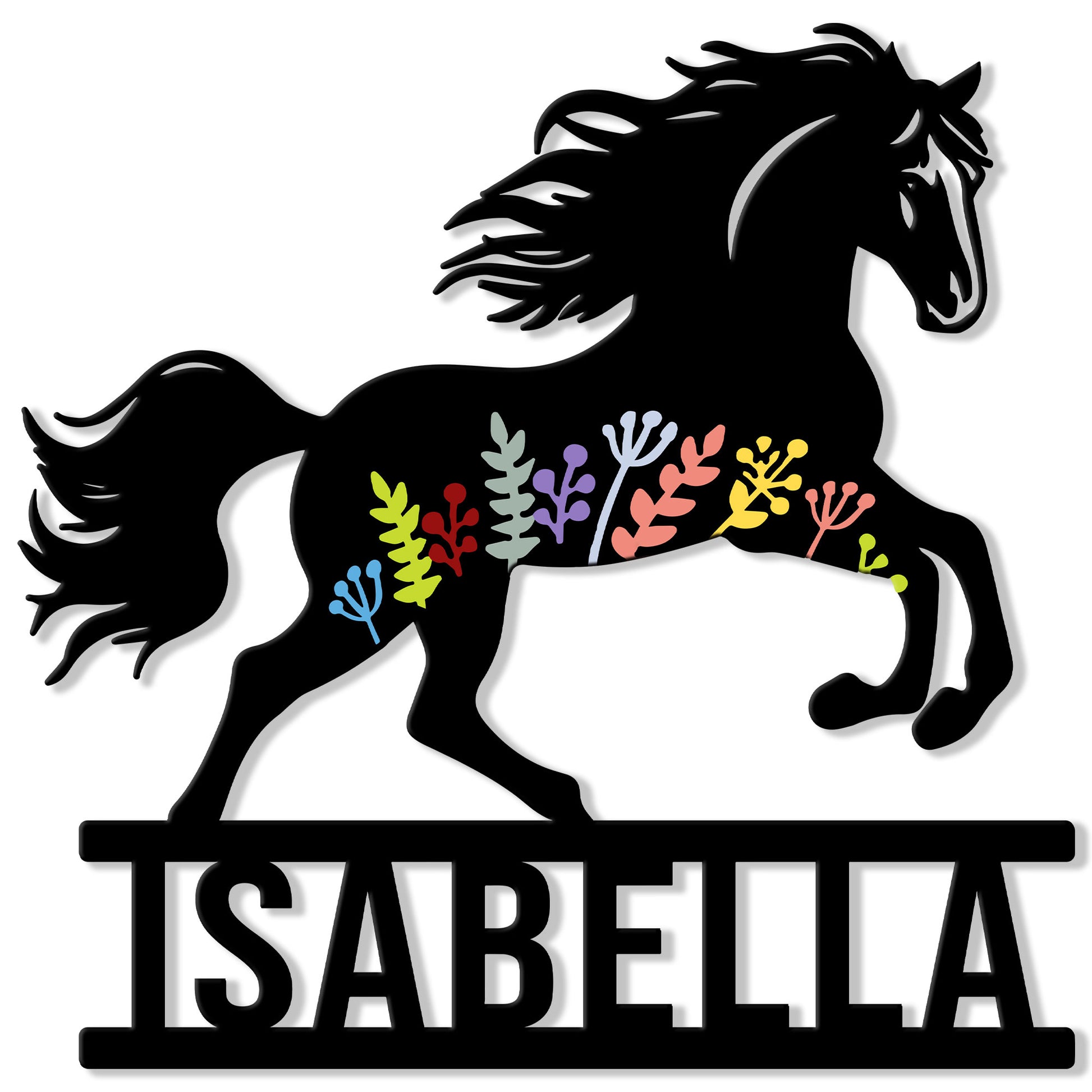 Black running horse silhouette metal sign decorated with colorful botanical accents