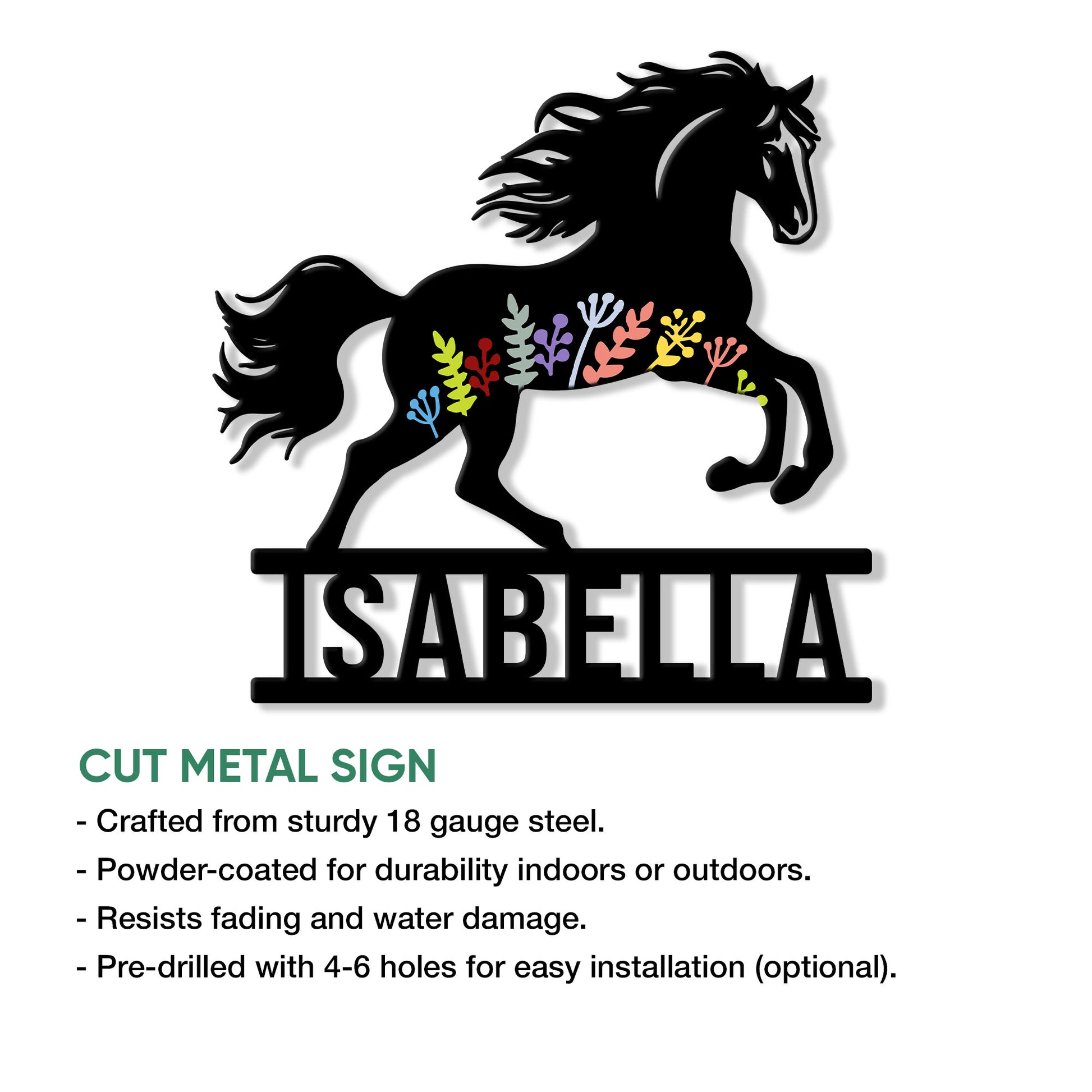 Horse metal sign feature graphic showing a floral horse silhouette and cut metal sign presentation