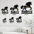Horse metal sign size guide showing multiple available square sizes in a living room setting