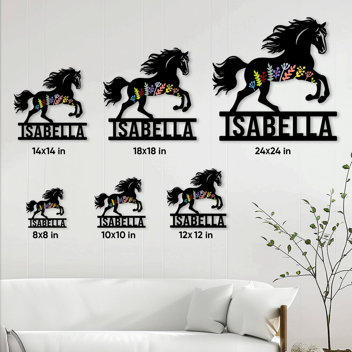 Horse metal sign size guide showing multiple available square sizes in a living room setting