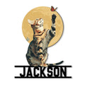 Bengal cat metal sign featuring a playful striped cat reaching toward a butterfly against a golden moon