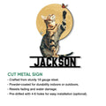 Bengal cat cut metal sign shown with product feature information for indoor or outdoor display