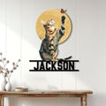 Bengal cat metal wall sign displayed on a light paneled wall above a console table