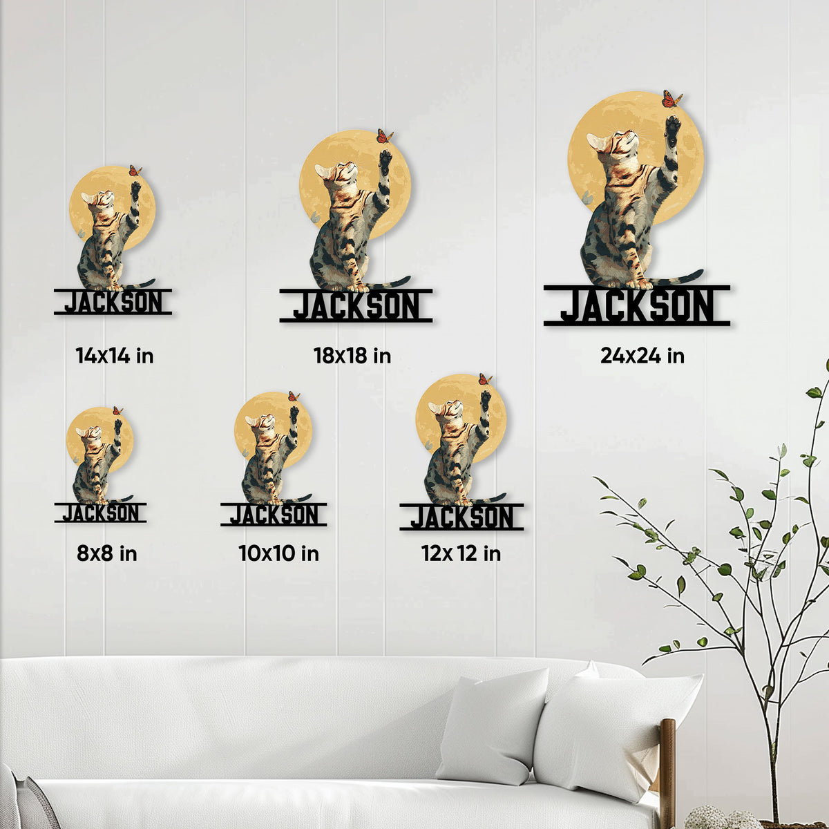 Bengal cat metal sign size guide showing several display sizes in a bright living room setting