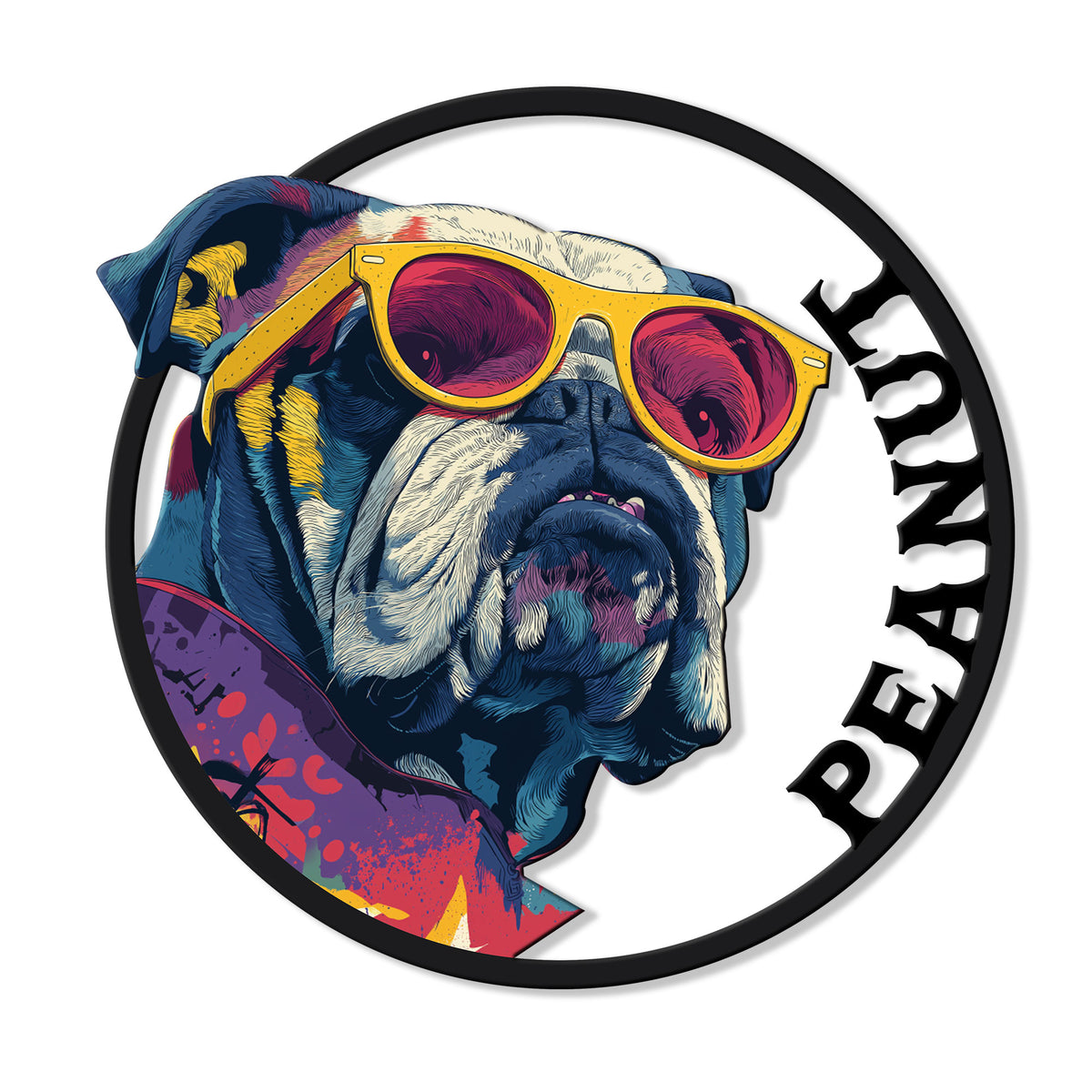 Colorful English Bulldog metal sign featuring a close-up bulldog wearing bright sunglasses in a bold pop art style