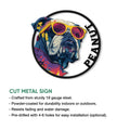 English Bulldog cut metal sign shown with a feature guide highlighting its circular design and display options