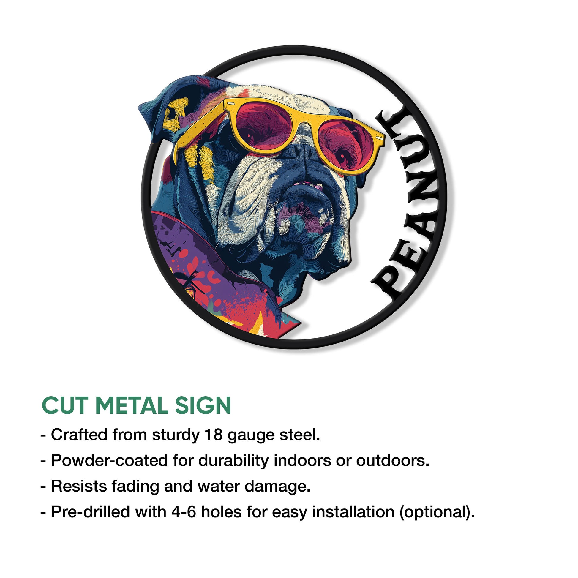 English Bulldog cut metal sign shown with a feature guide highlighting its circular design and display options