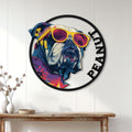 English Bulldog wall sign displayed on white paneling above a console table in a bright home interior