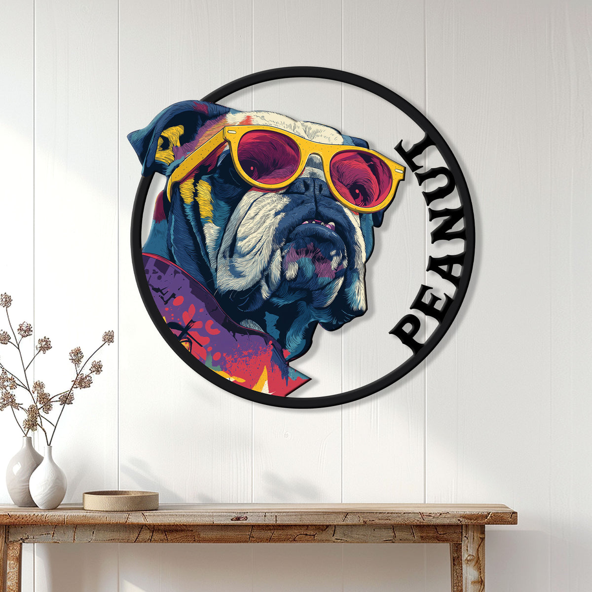 English Bulldog wall sign displayed on white paneling above a console table in a bright home interior