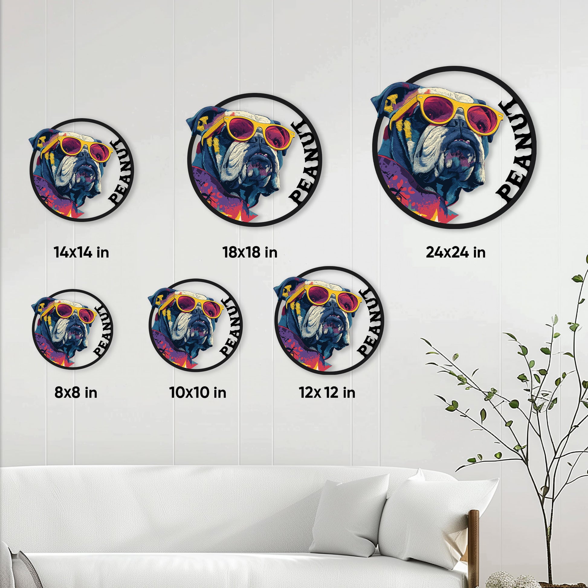 English Bulldog metal sign size guide showing available round sizes from 8 by 8 to 24 by 24 inches
