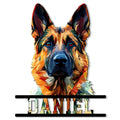 Colorful low-poly German Shepherd portrait metal sign with bold lower nameplate design