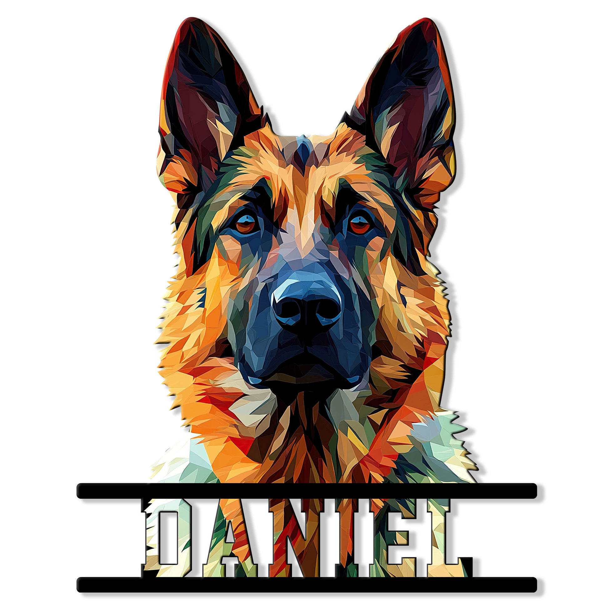 Colorful low-poly German Shepherd portrait metal sign with bold lower nameplate design