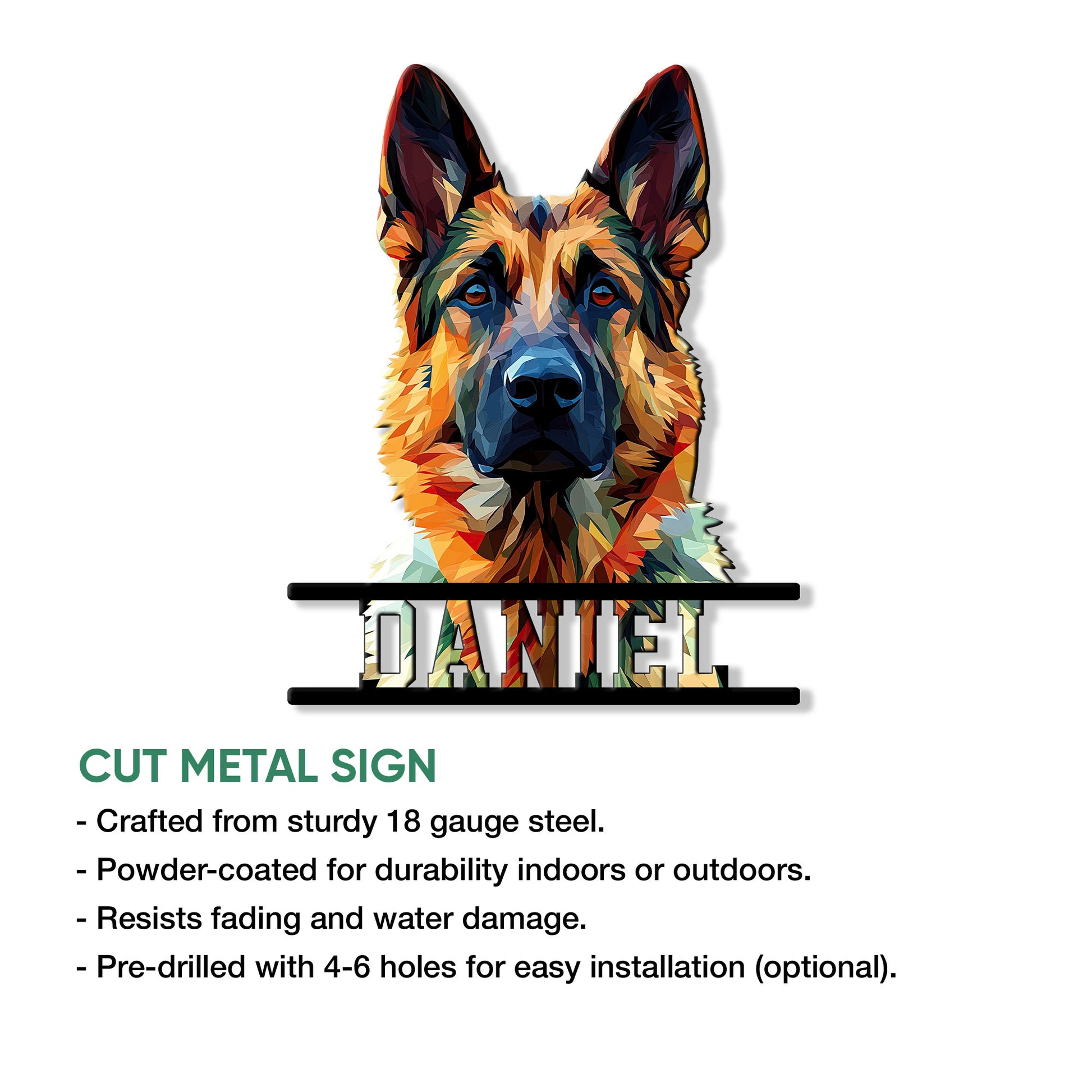 German Shepherd cut metal sign shown in a product feature presentation