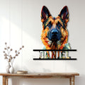 Colorful German Shepherd metal sign displayed on a light paneled wall above a console table