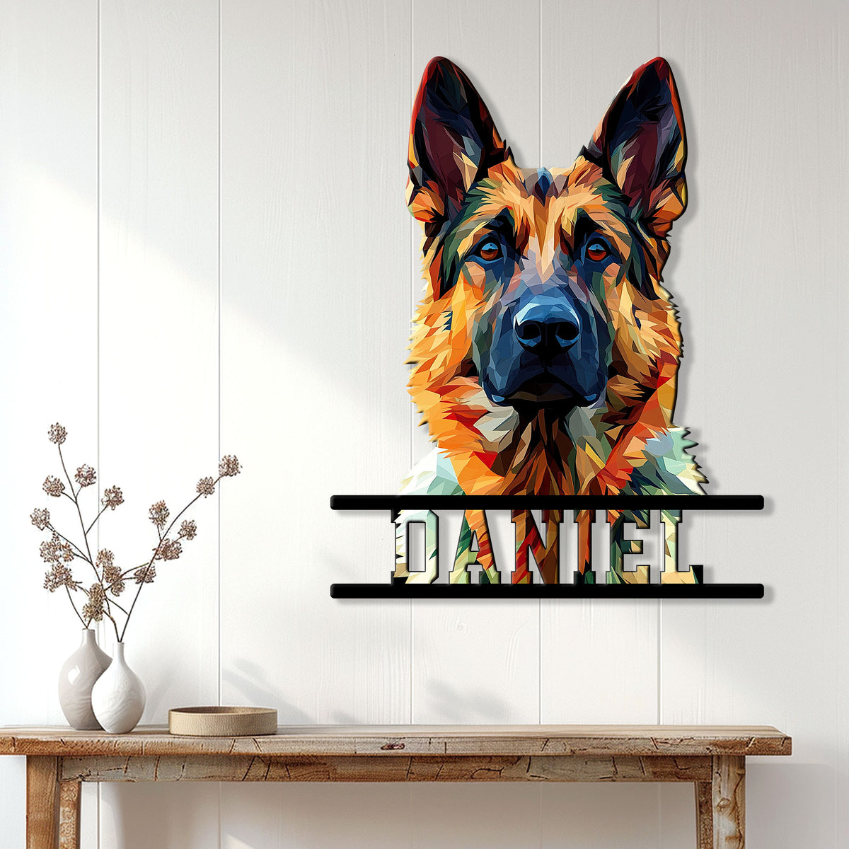 Colorful German Shepherd metal sign displayed on a light paneled wall above a console table