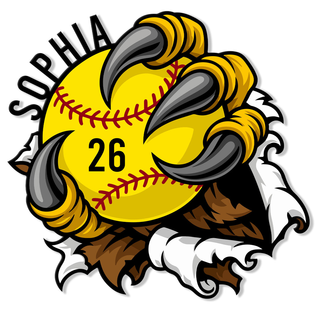 Custom softball metal sign featuring a bold yellow softball gripped by dramatic eagle talons