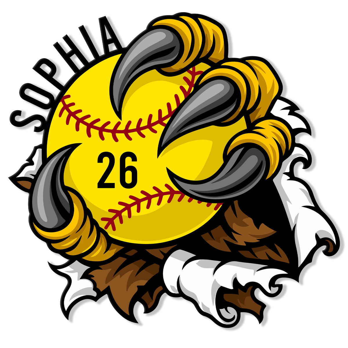 Custom softball metal sign featuring a bold yellow softball gripped by dramatic eagle talons