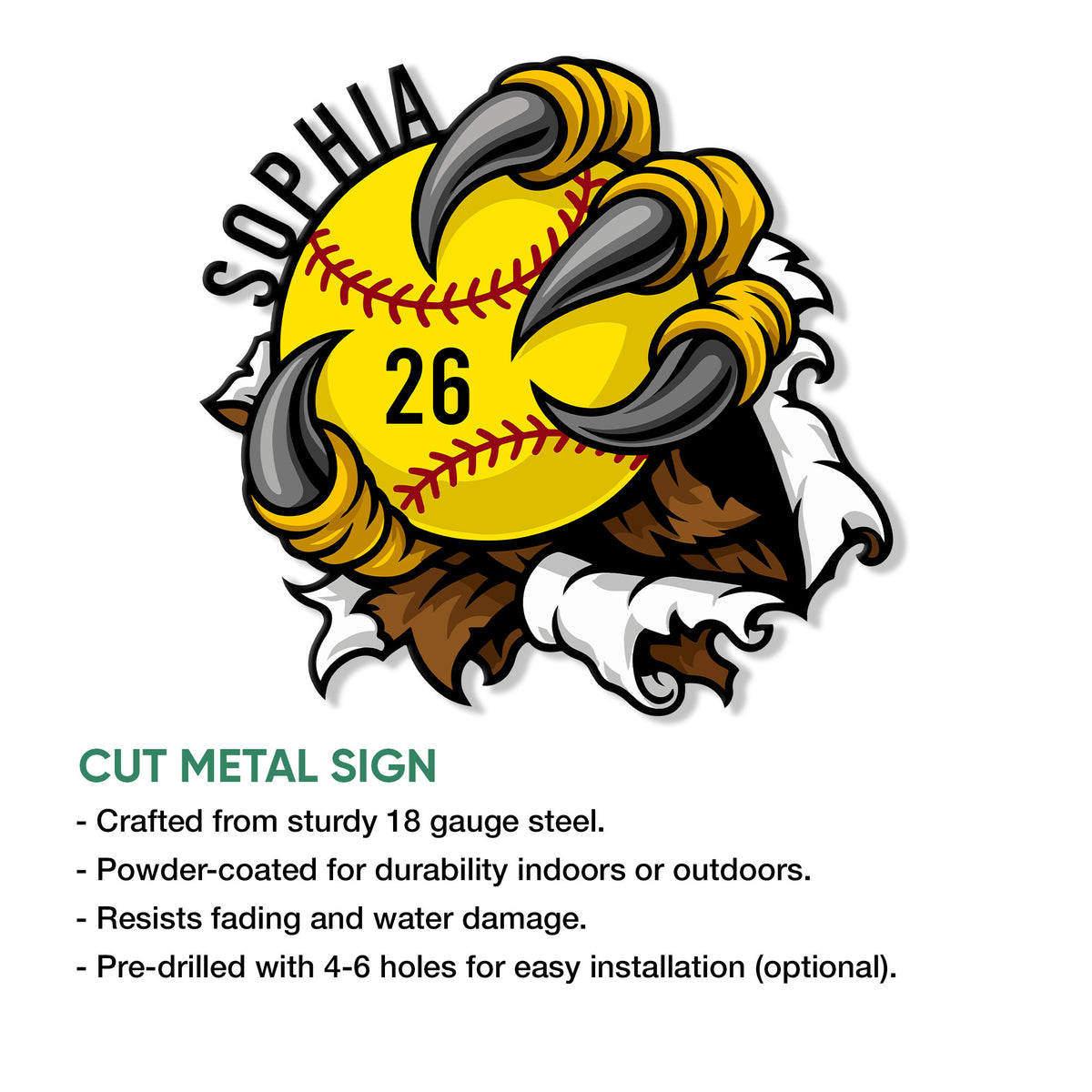 Softball metal sign feature graphic showing a clawed softball design and cut metal sign presentation