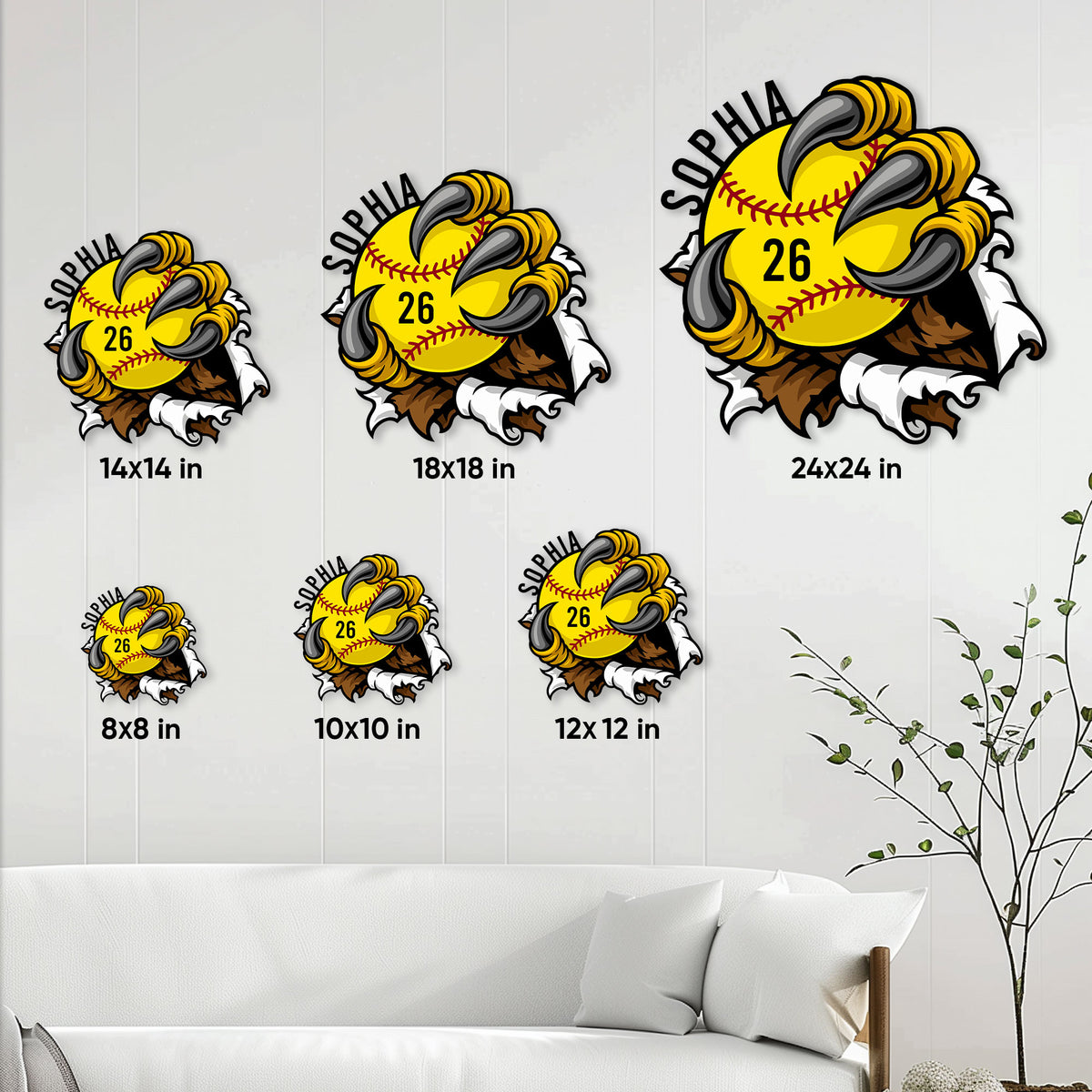 Softball metal sign size guide showing six available square size options in a living room setting