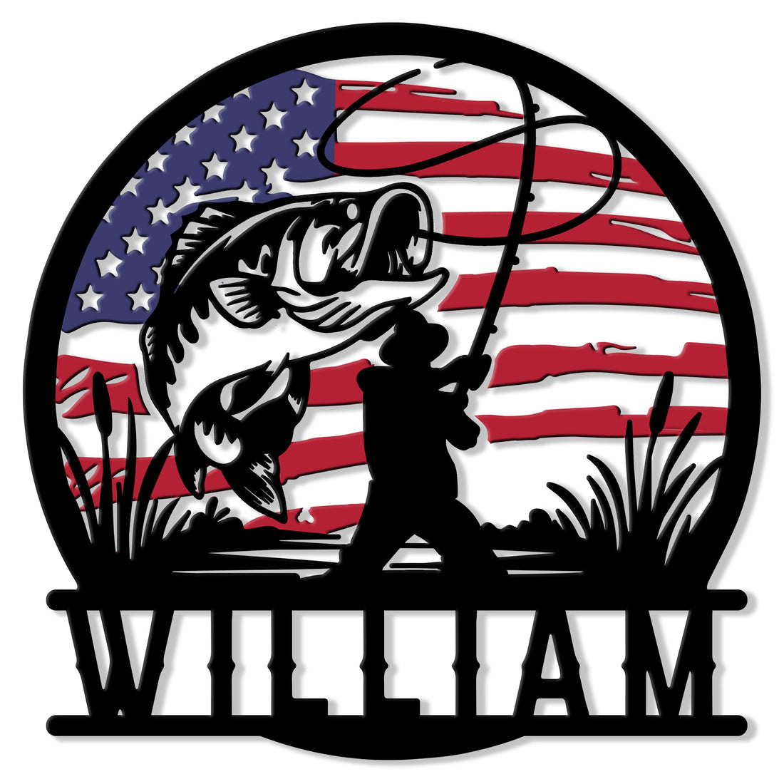 Custom fishing metal sign featuring a leaping bass, angler silhouette, and American flag design
