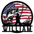 Custom fishing metal sign featuring a leaping bass, angler silhouette, and American flag design