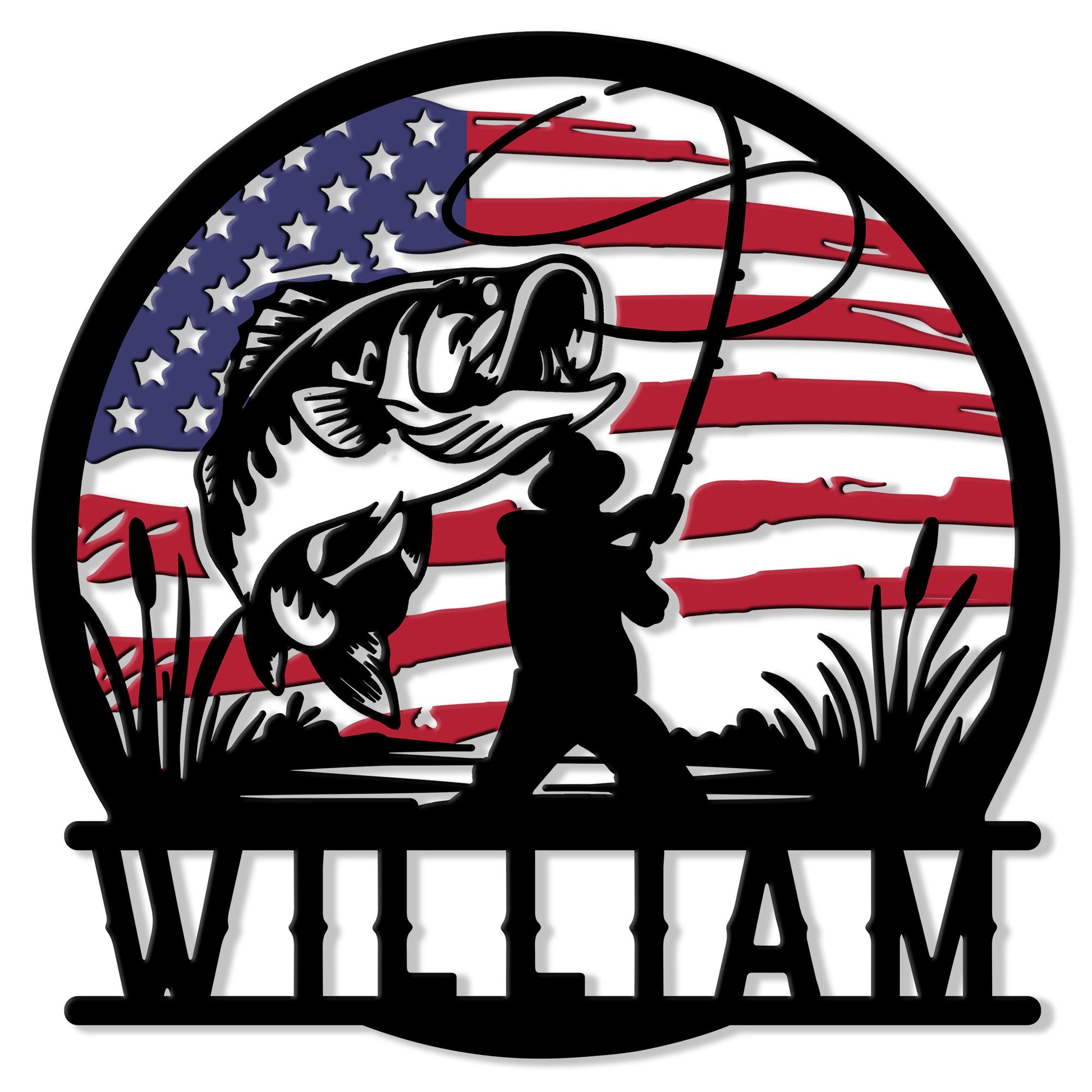 Custom fishing metal sign featuring a leaping bass, angler silhouette, and American flag design