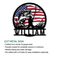 Bass fishing cut metal sign with an angler silhouette, fishing rod, and patriotic flag backdrop