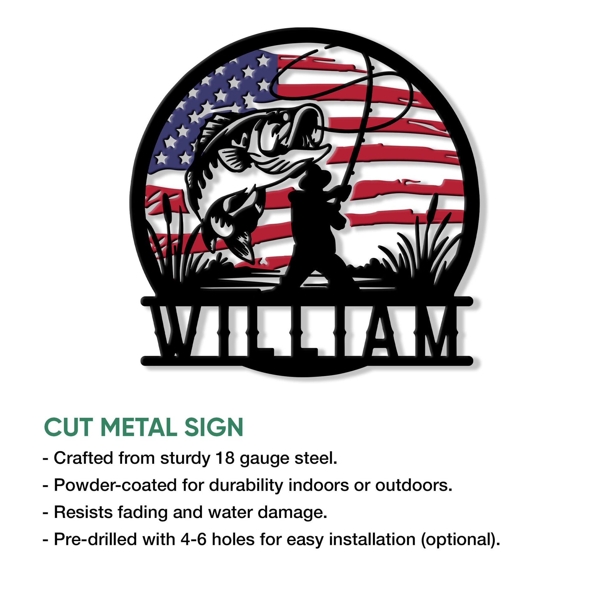 Bass fishing cut metal sign with an angler silhouette, fishing rod, and patriotic flag backdrop