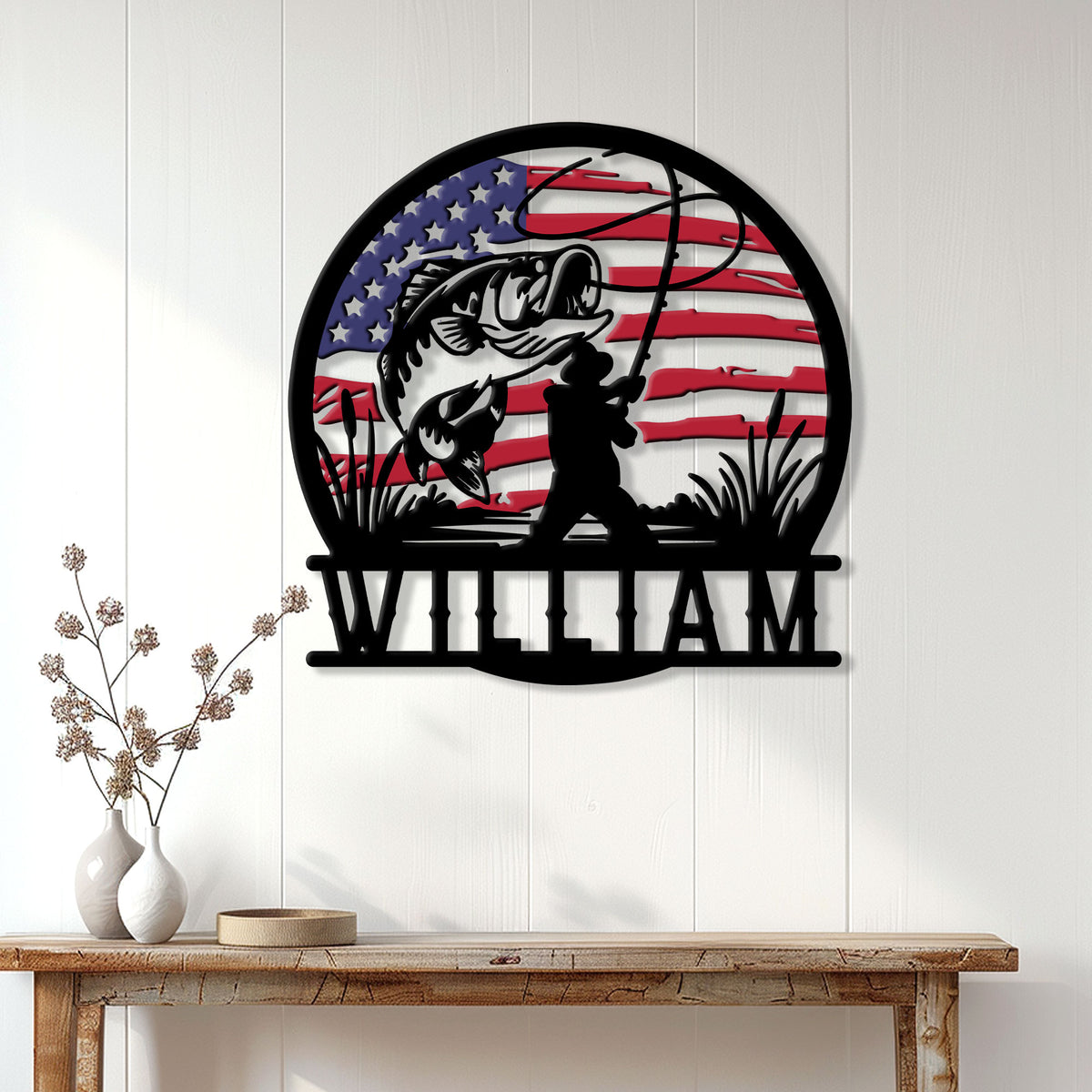 Bass fishing wall decor displayed on a light wood-paneled wall above a console table