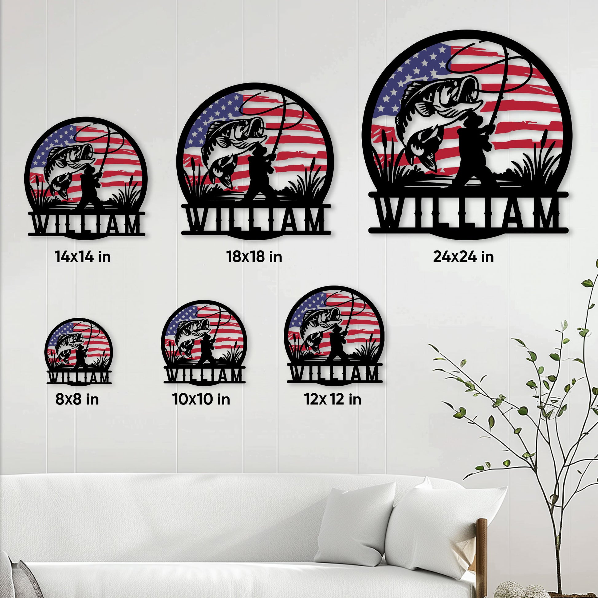 Bass fishing metal sign size guide showing available sizes from 8 by 8 to 24 by 24 inches