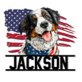 Bernese Mountain Dog metal sign featuring a patriotic American flag design and bold pet portrait artwork