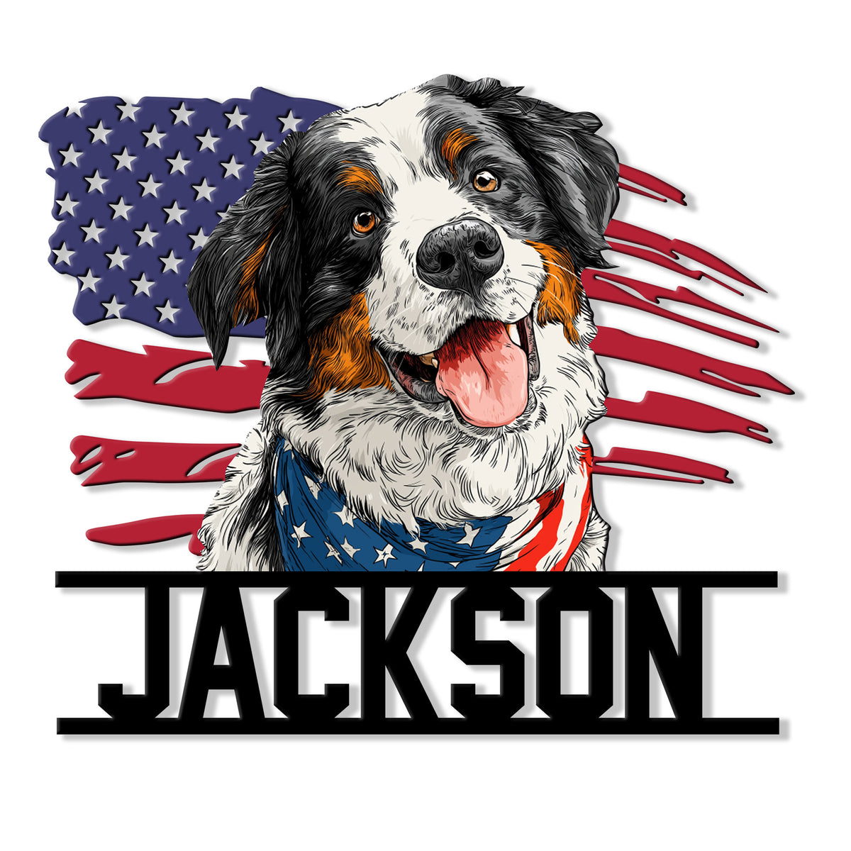 Bernese Mountain Dog metal sign featuring a patriotic American flag design and bold pet portrait artwork