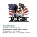 Bernese Mountain Dog cut metal sign infographic showing steel construction, coating, and mounting options
