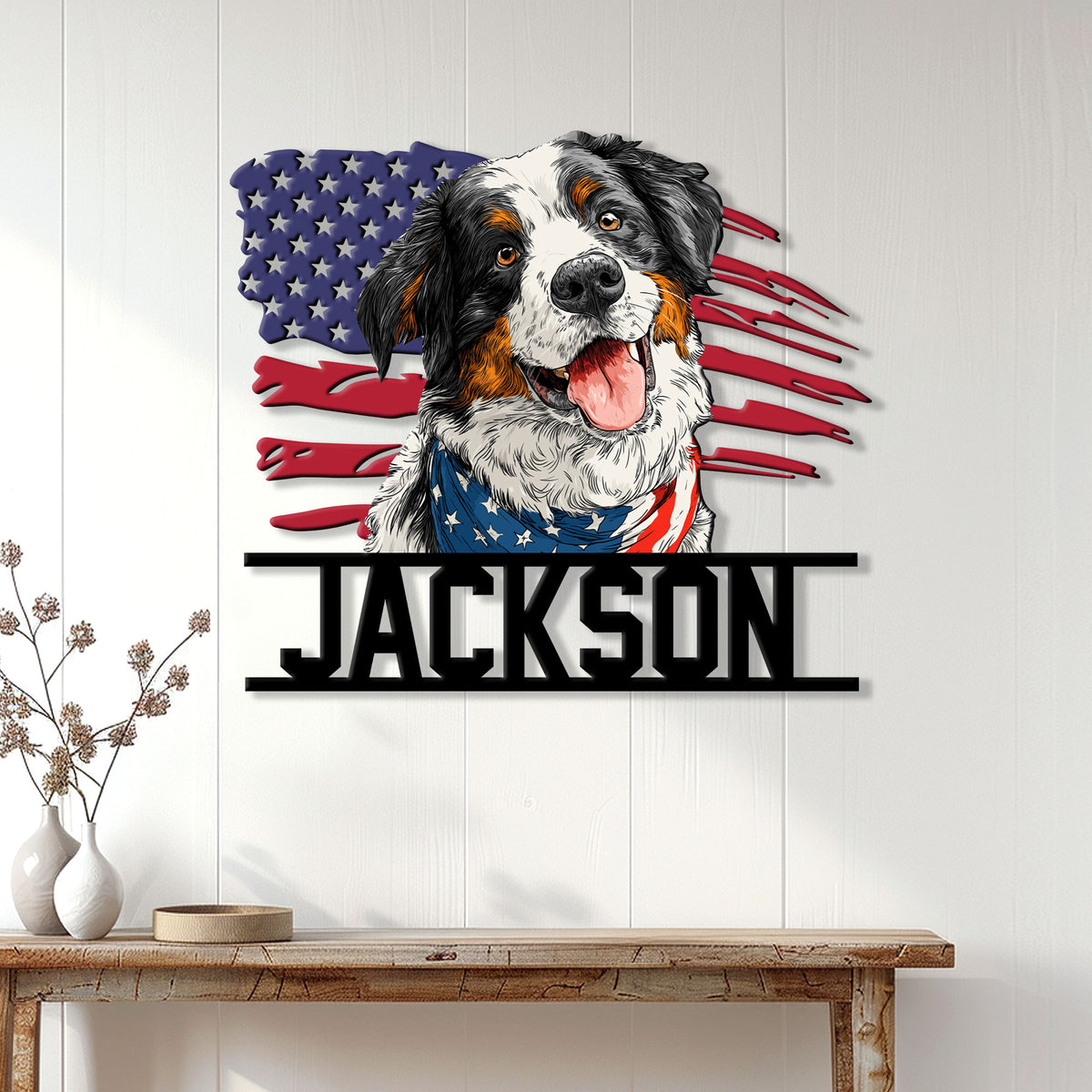 Bernese Mountain Dog metal wall sign displayed on white paneled home decor above a wooden console
