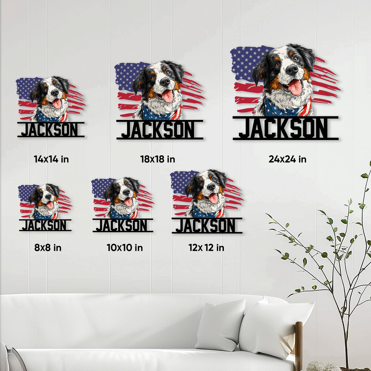 Bernese Mountain Dog metal sign size guide showing six available square size options in a living room