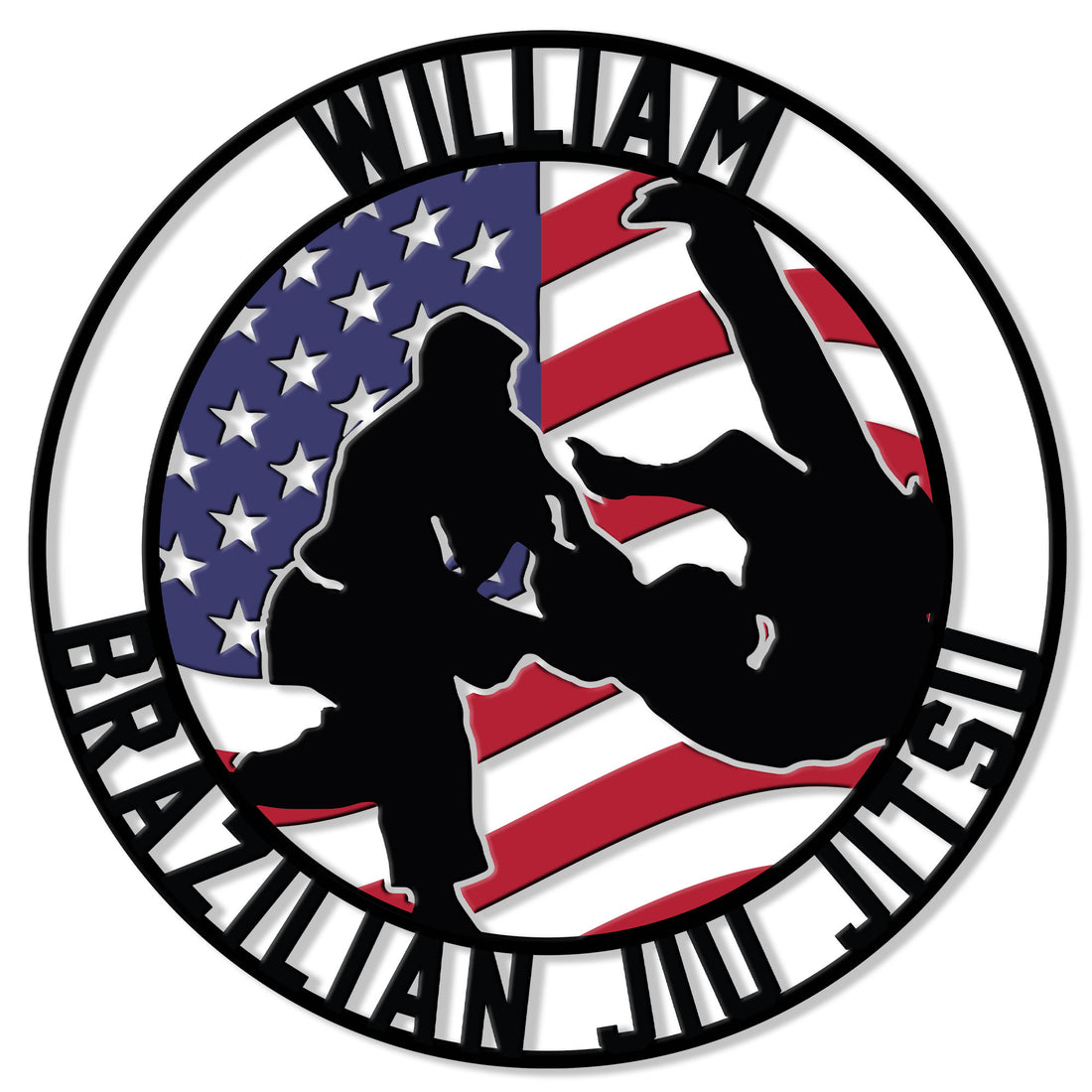 Custom Brazilian Jiu-Jitsu metal sign with grappling silhouettes over a patriotic American flag design