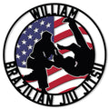 Custom Brazilian Jiu-Jitsu metal sign with grappling silhouettes over a patriotic American flag design