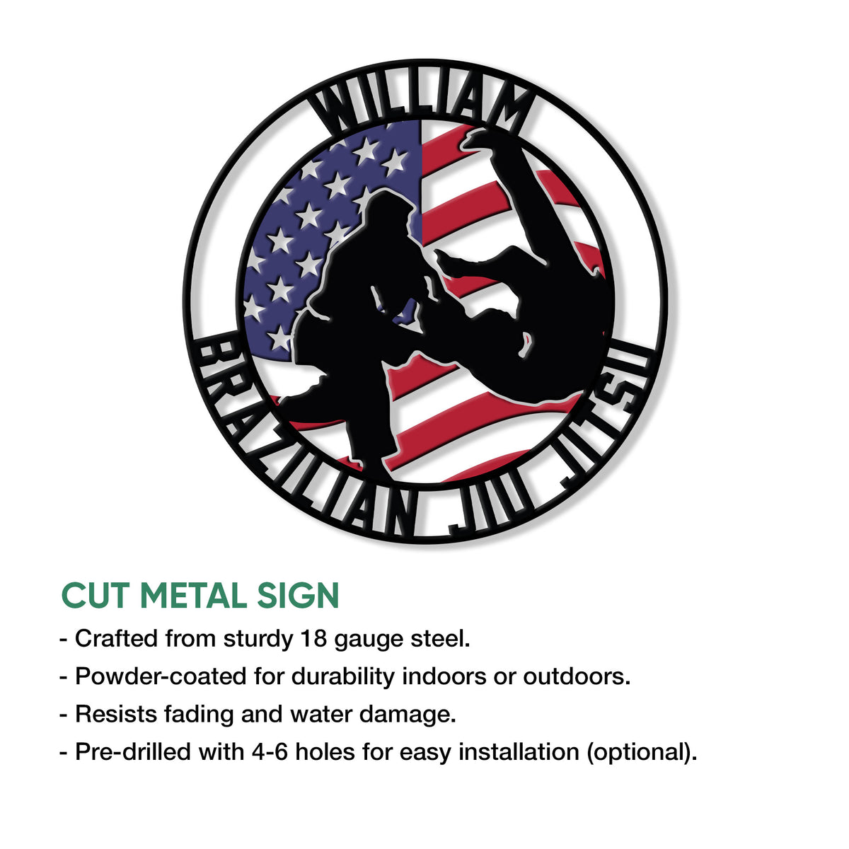 Brazilian Jiu-Jitsu metal sign feature graphic showing the circular grappling artwork and product details