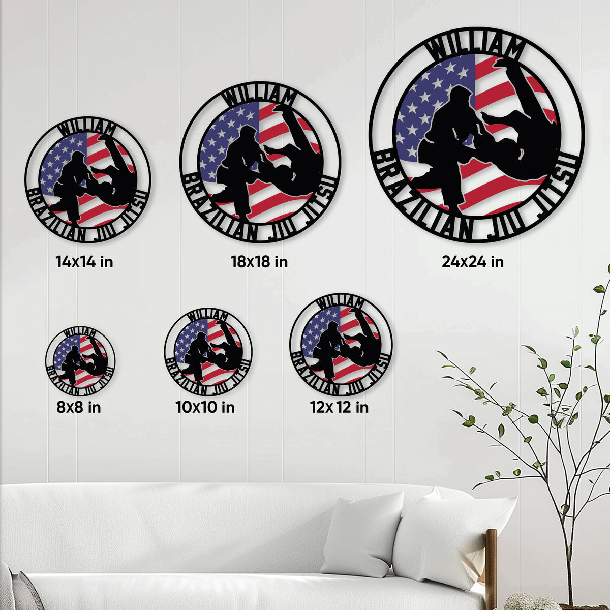 Brazilian Jiu-Jitsu metal sign size guide showing six available square size options