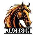 Bold stylized horse head metal sign in black, orange, and gold with a custom design