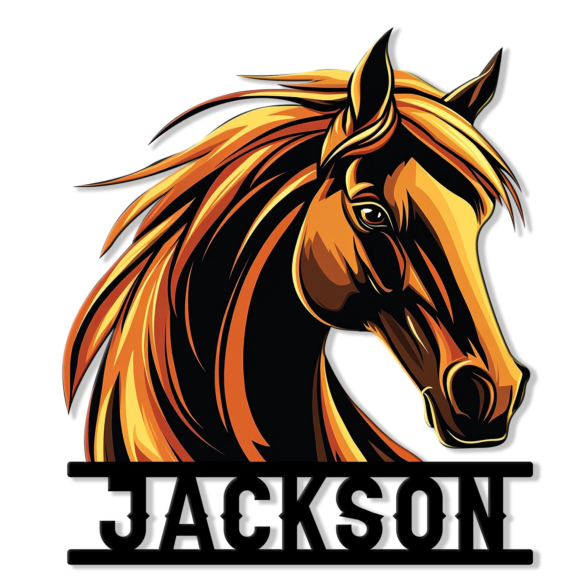 Bold stylized horse head metal sign in black, orange, and gold with a custom design