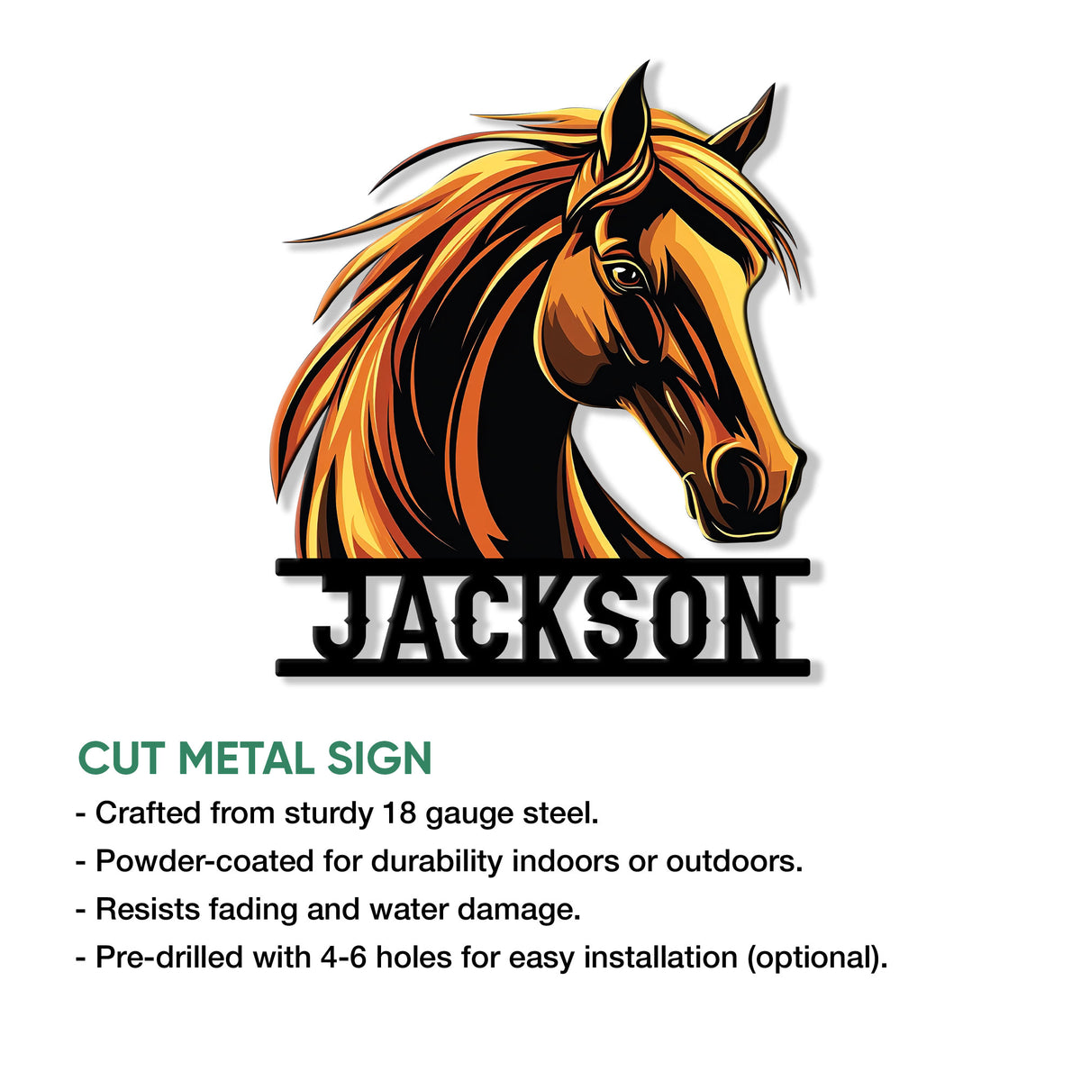 Horse metal sign product graphic showing the detailed equestrian artwork and cut sign presentation