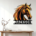 Custom horse metal sign displayed on a bright paneled wall above a rustic console table