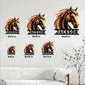 Horse wall sign shown in multiple size options above a modern sofa for scale comparison
