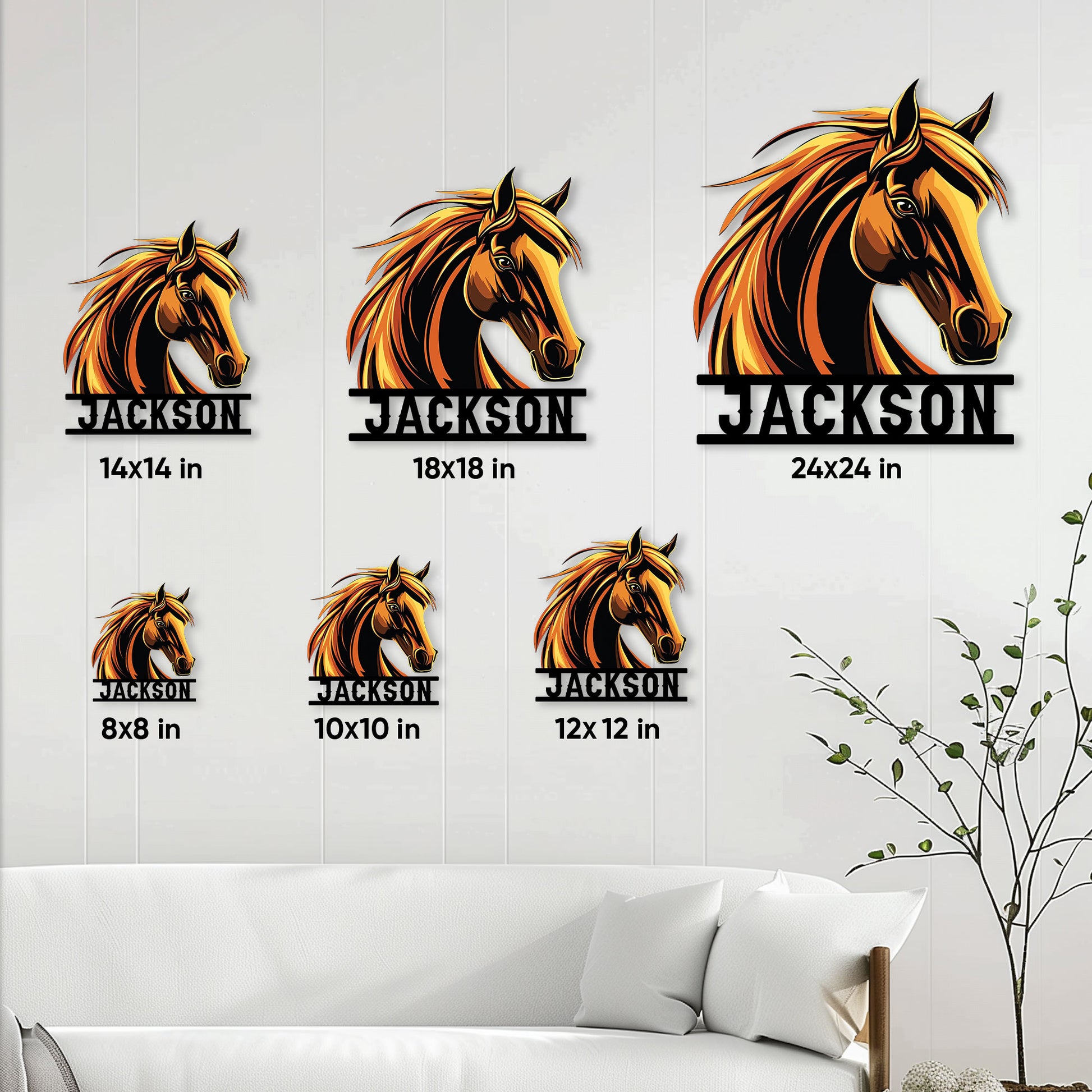 Horse wall sign shown in multiple size options above a modern sofa for scale comparison