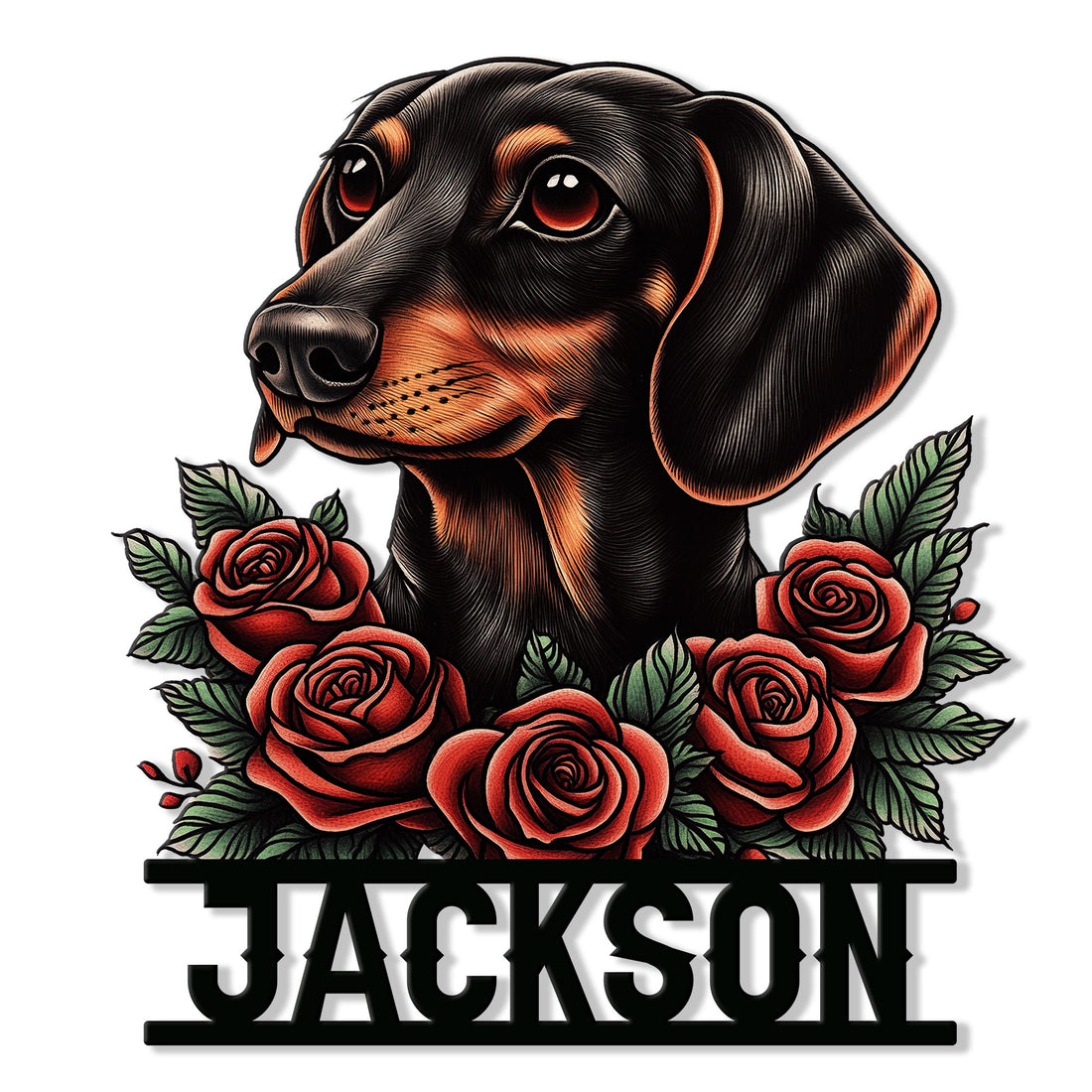 Custom Dachshund metal sign featuring a black and tan wiener dog portrait surrounded by red roses