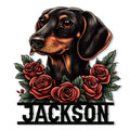 Custom Dachshund metal sign featuring a black and tan wiener dog portrait surrounded by red roses