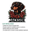 Dachshund cut metal sign shown with a detailed black and tan dog portrait and rose bouquet design