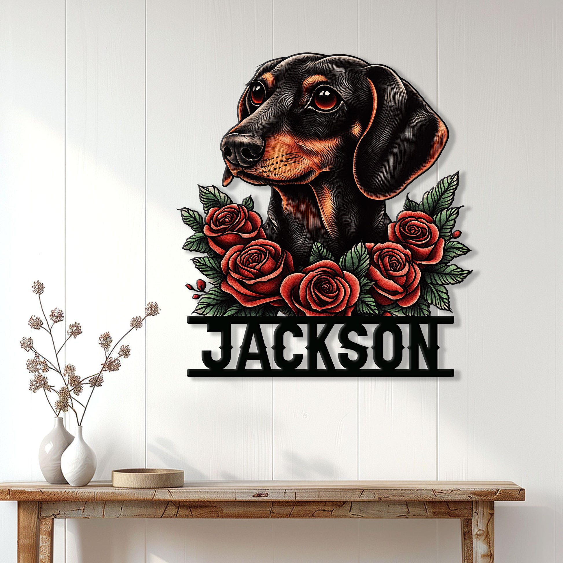 Dachshund wall decor displayed above a console table, featuring a floral portrait in a home setting