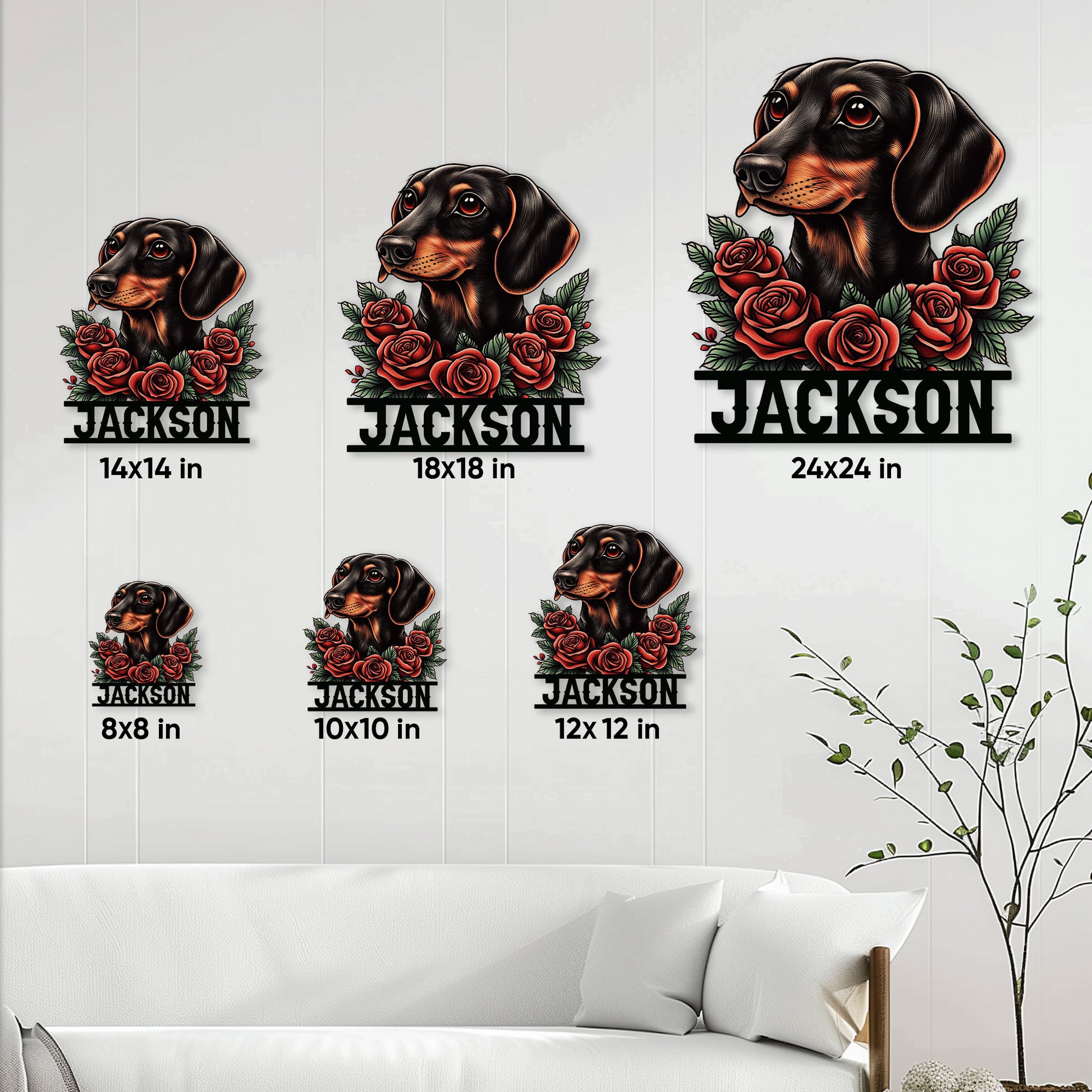 Dachshund metal sign size guide showing available square sizes from 8x8 to 24x24 inches
